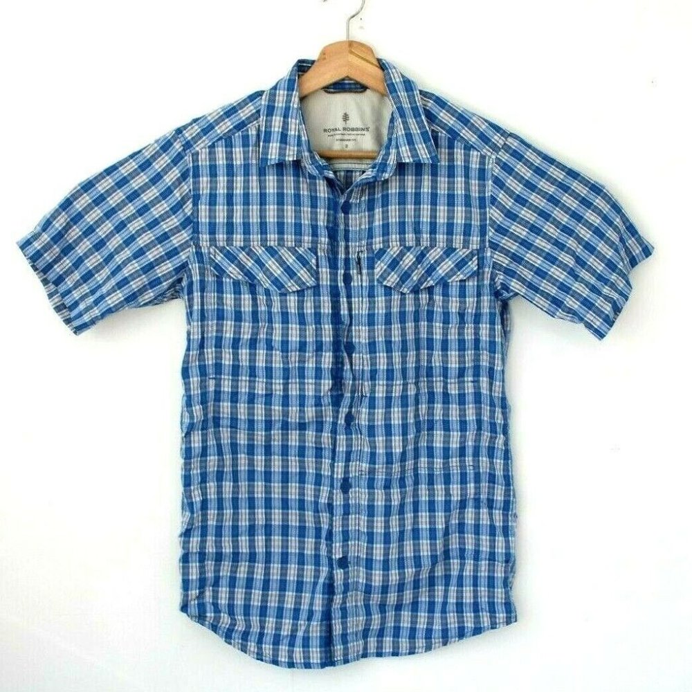Royal Robbins Mens Size Small Hidden Pocket Travel Blue Plaid Button Shirt